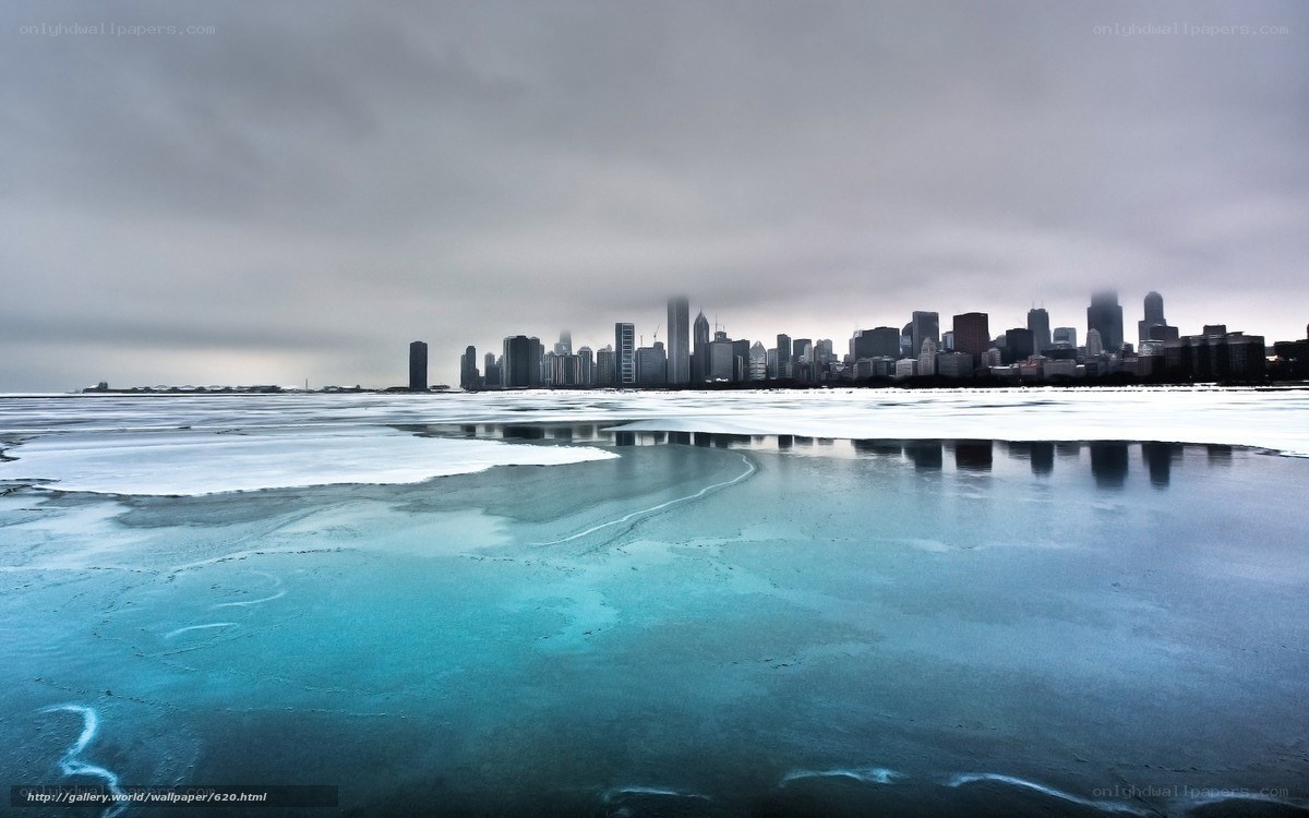 Chicago skyline on frozen lake