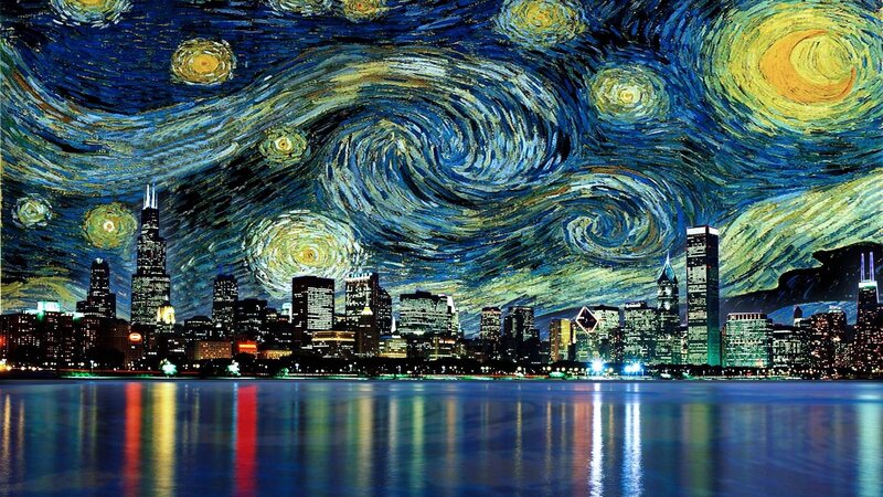Chicago skyline under starry night