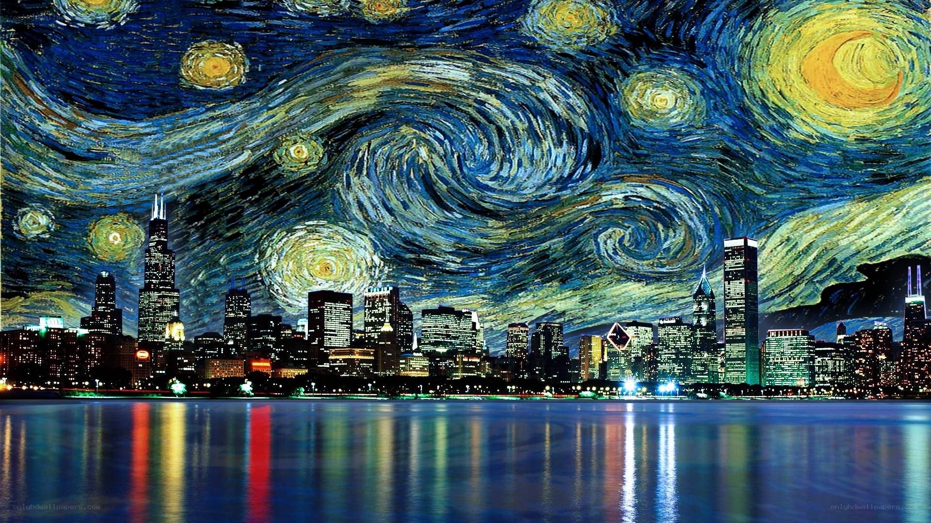 Chicago skyline under starry night