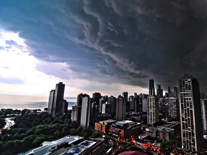 Chicago skyline under storm clouds