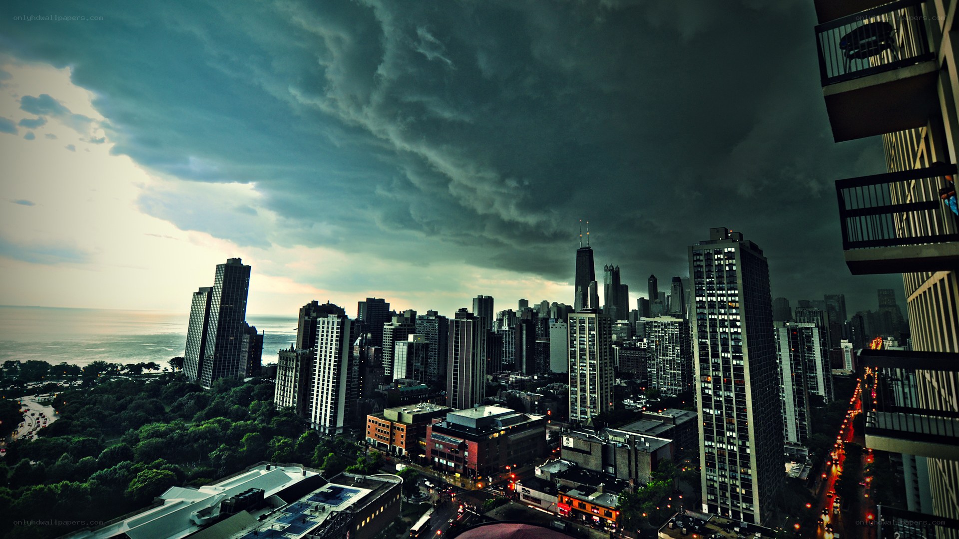 Chicago skyline under stormy sky