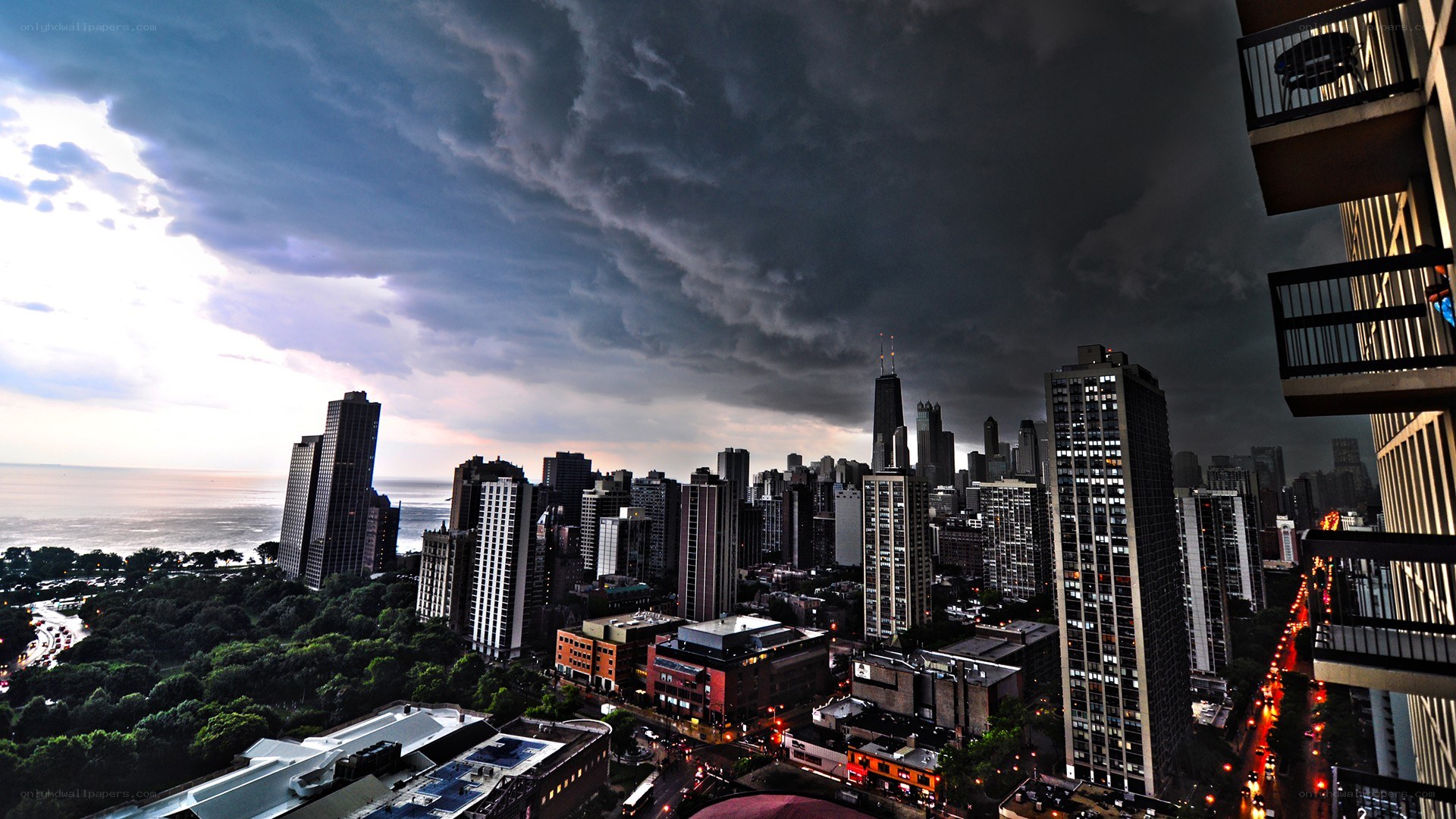 Chicago skyline under stormy sky