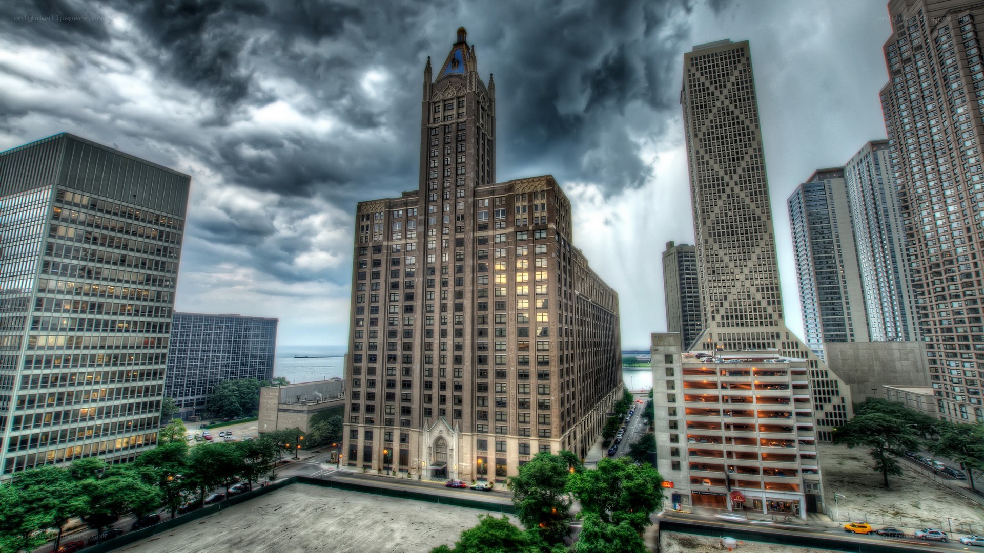 Chicago skyline under stormy sky