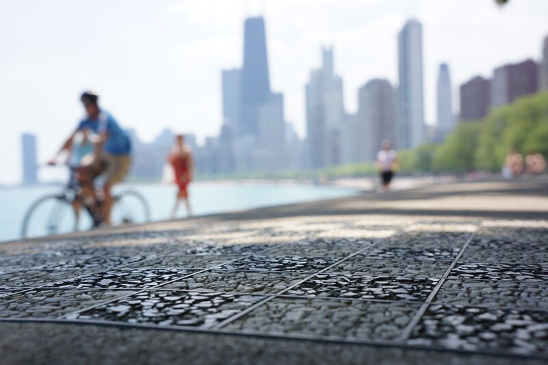 Chicago skyline with checkerboard path