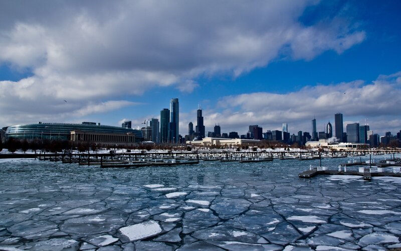 Chicago skyline with frozen lake