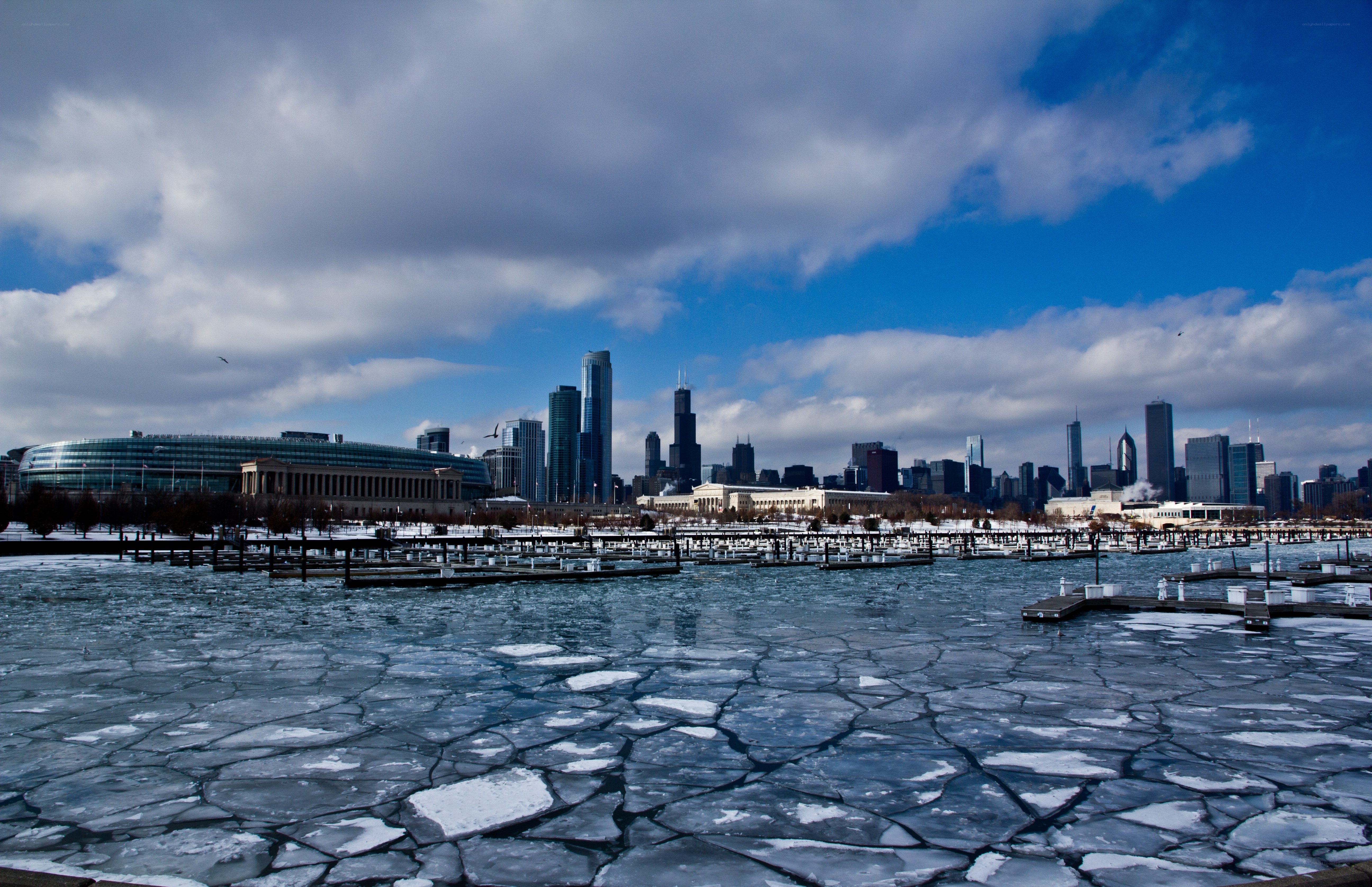 Chicago skyline with frozen lake