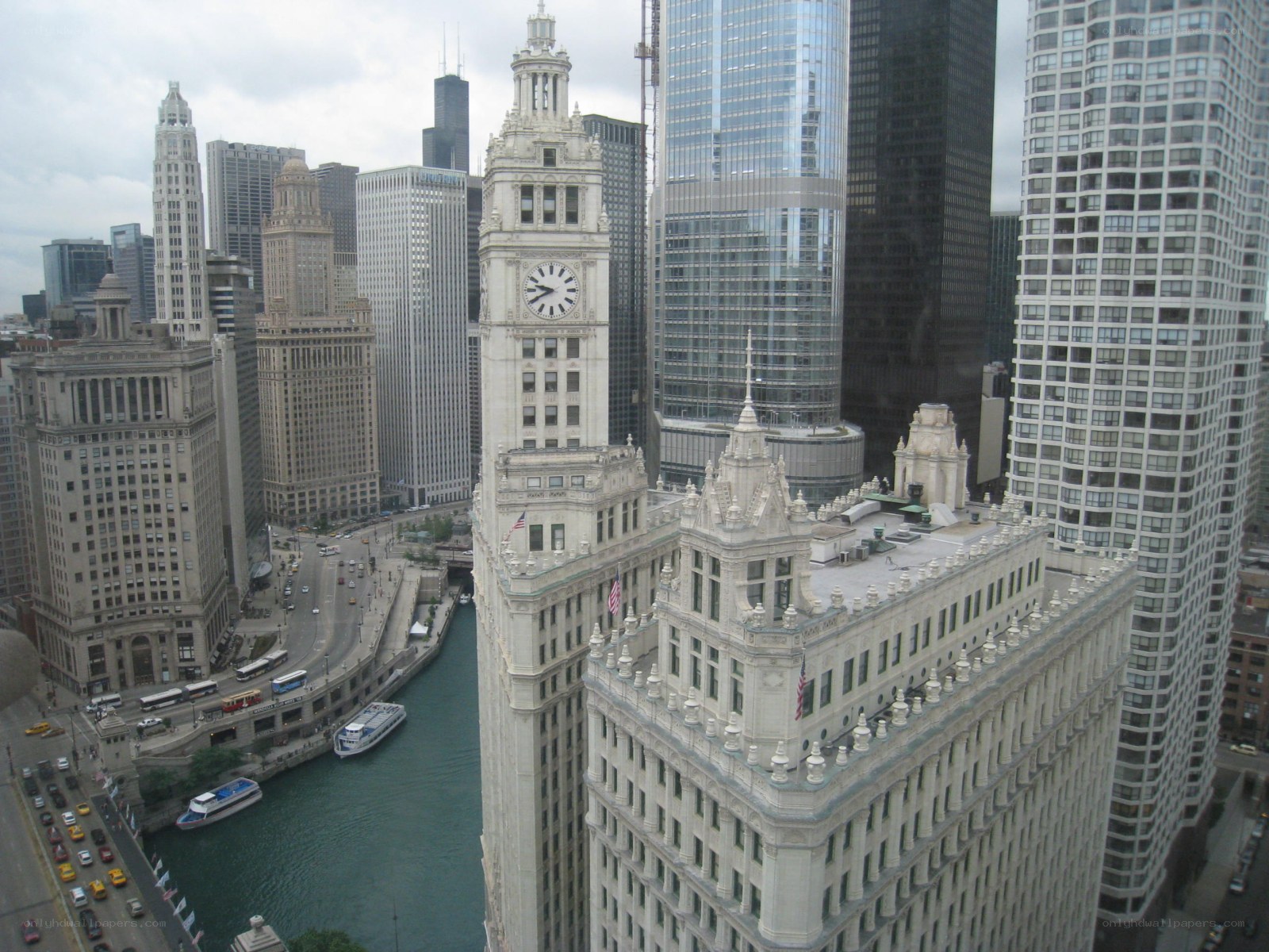Chicago skyline with river and clock tower