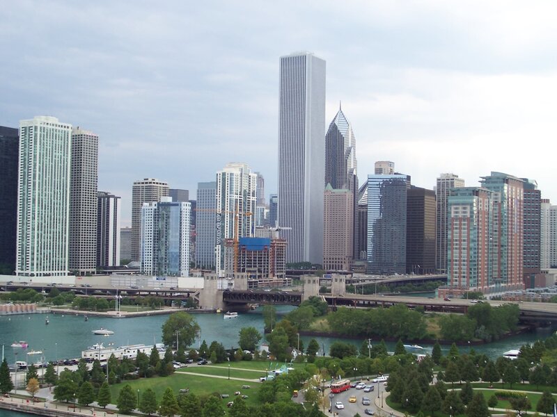 Chicago skyline with river and park
