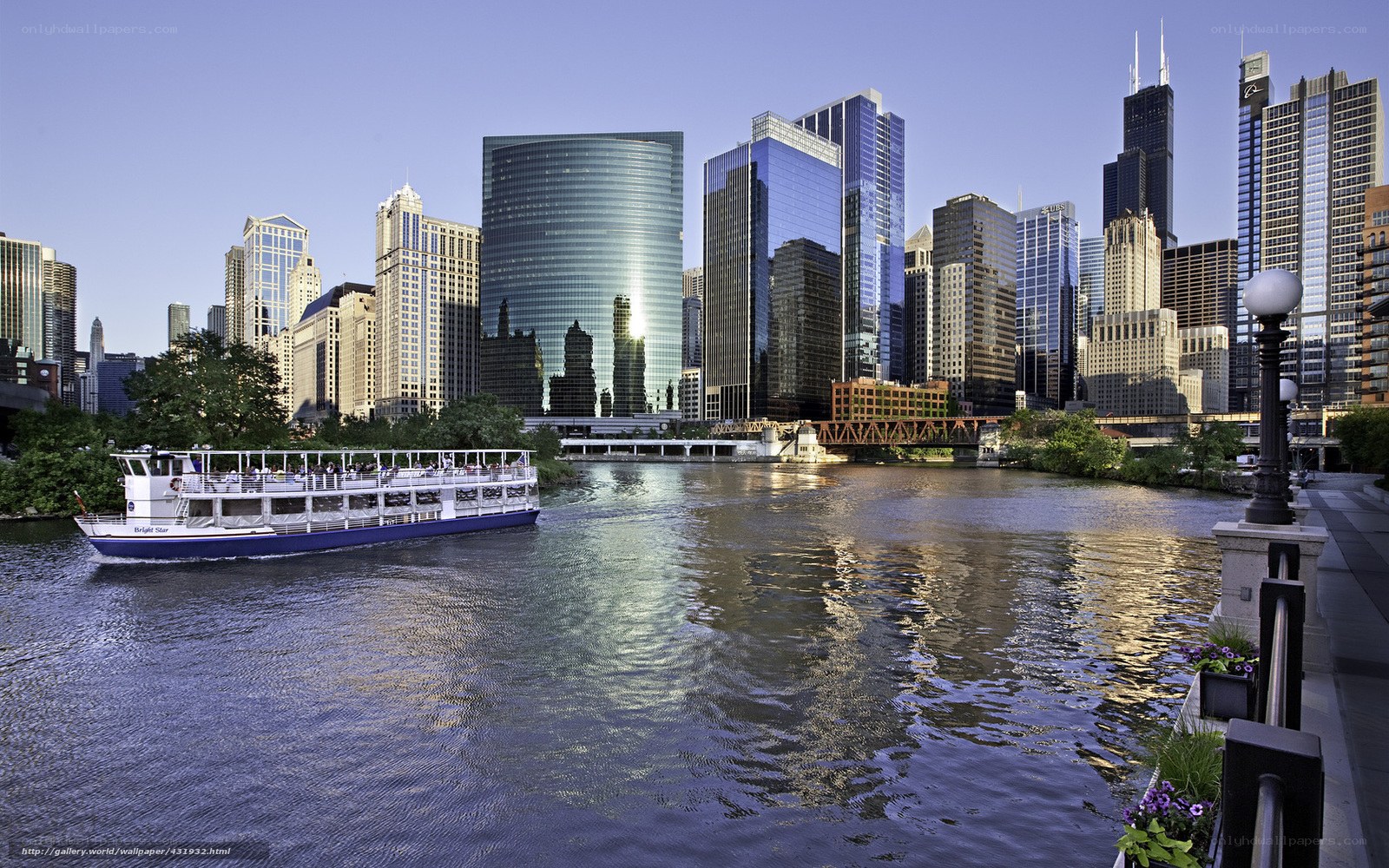 Chicago skyline with river tour boat