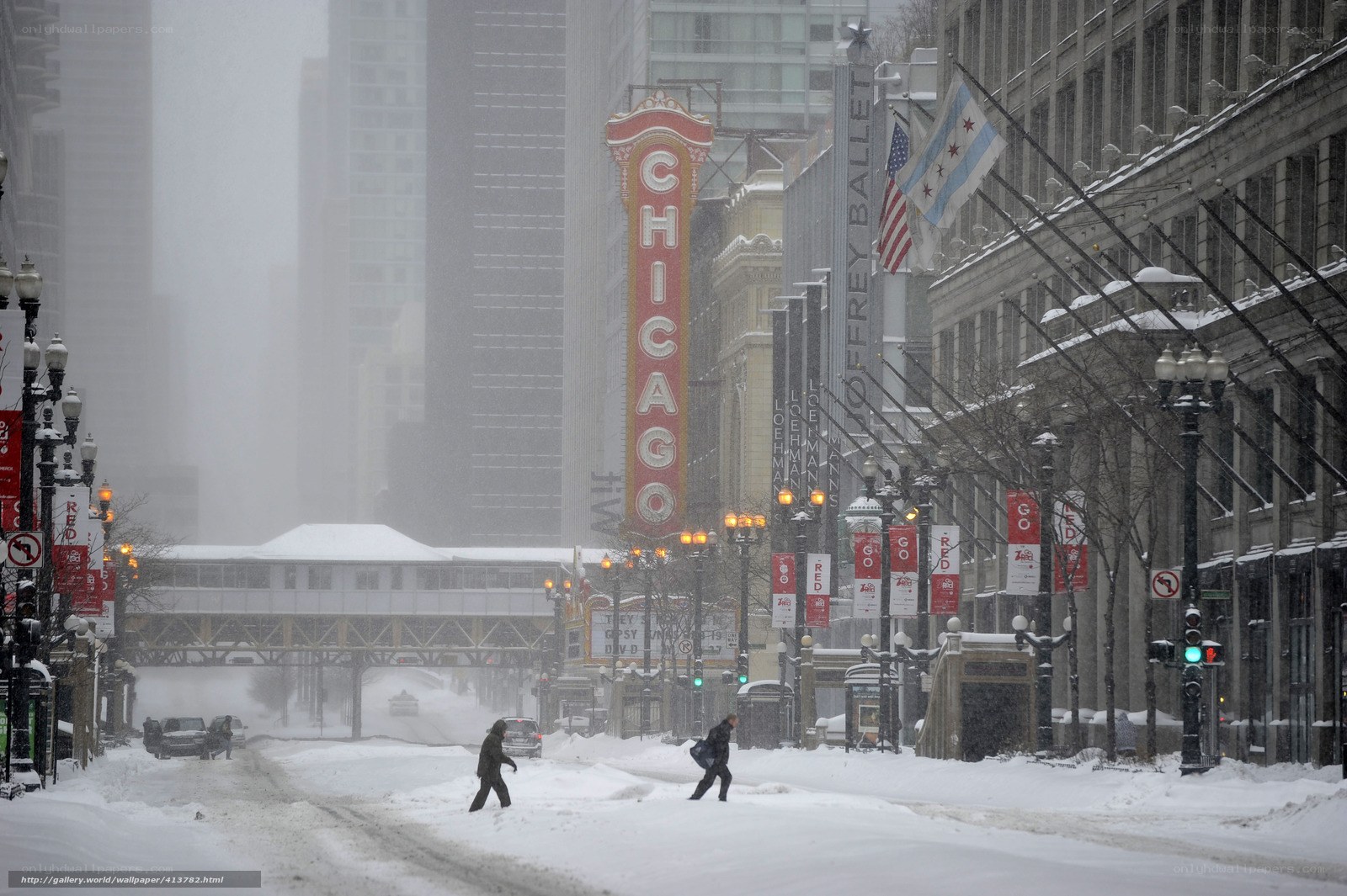 Chicago snowstorm with theater sign