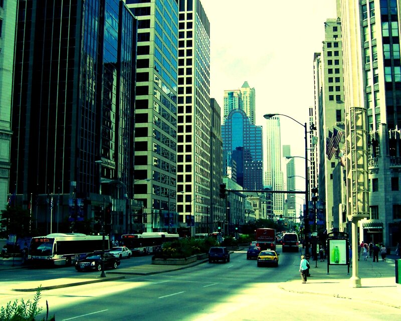 Chicago street with skyscrapers