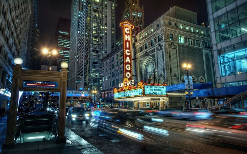 Chicago Theatre at Night — Black, Dramatic, Photograph, Subway Entrance