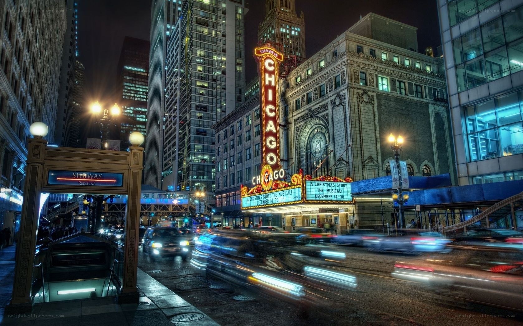 Chicago Theatre at night