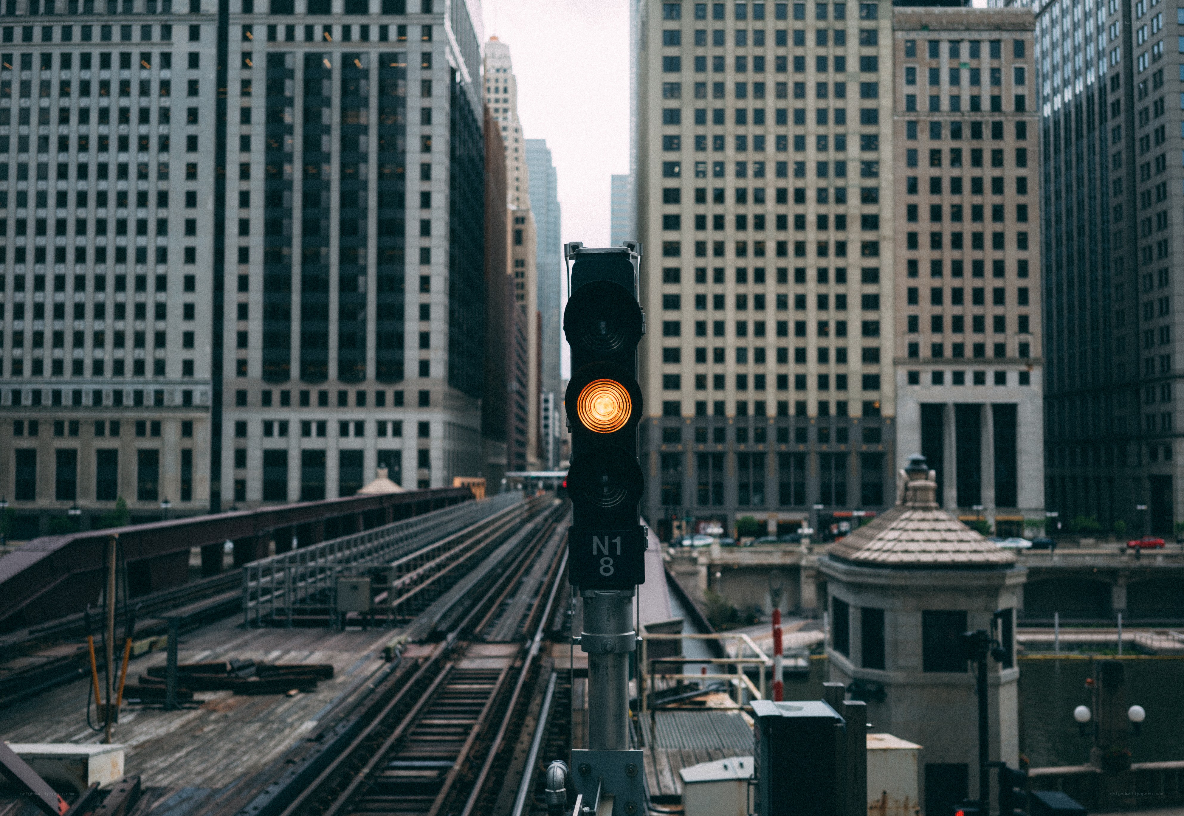 Chicago train tracks and skyscrapers