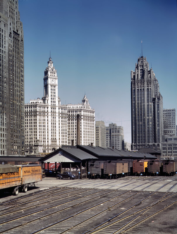 Chicago train yard with skyscrapers