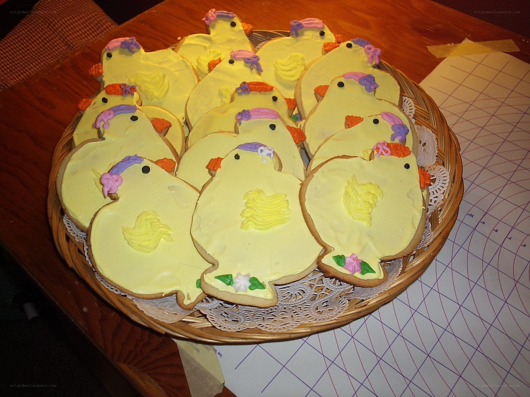 chick-shaped cookies in basket