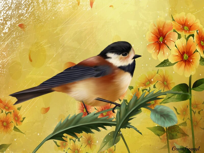 Chickadee on Flower Branch — Yellow