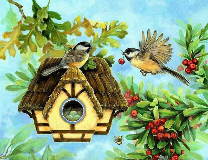 Chickadees at Birdhouse — Blue
