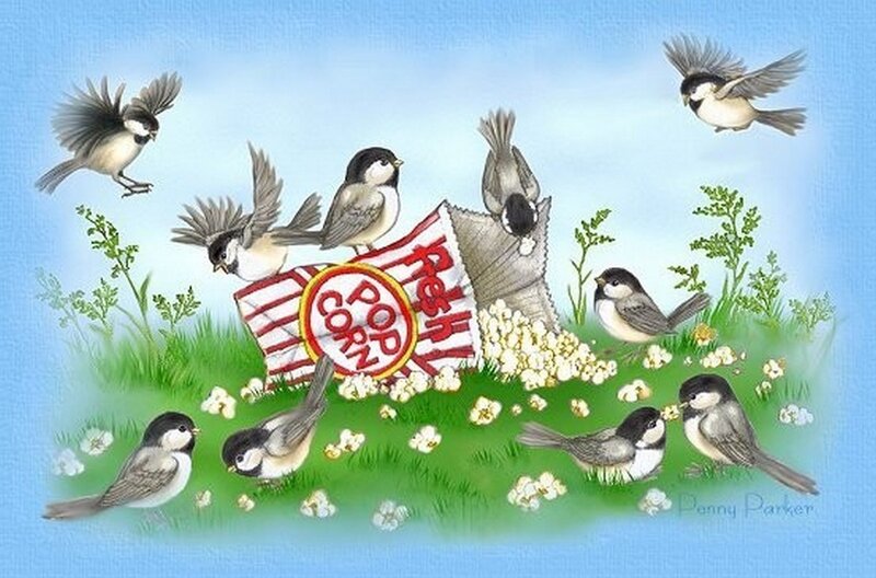 Chickadees Eating Popcorn