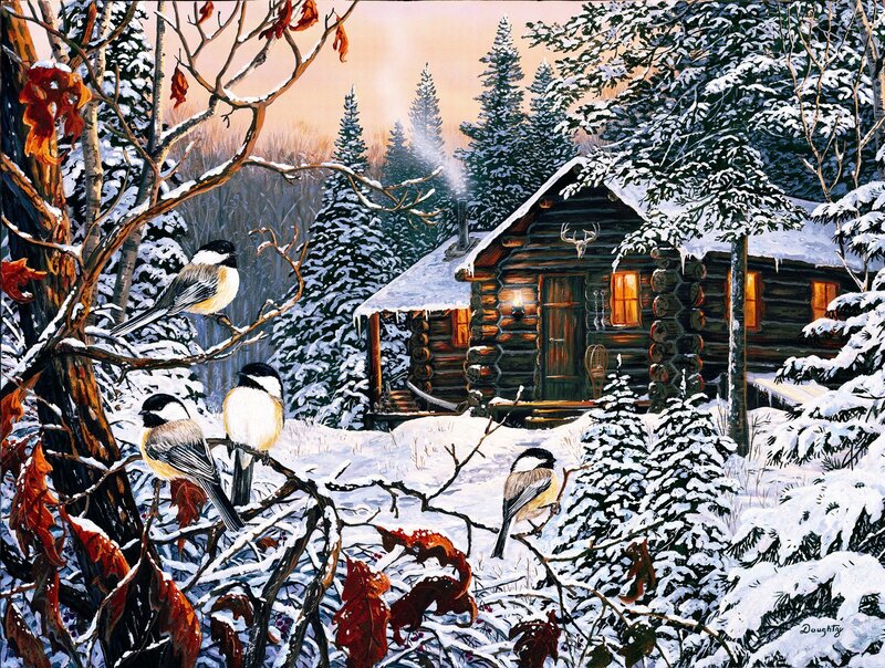 Chickadees in Snow — White, Serene