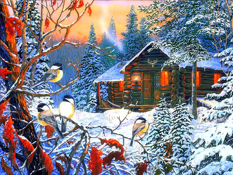Chickadees in Snow — White