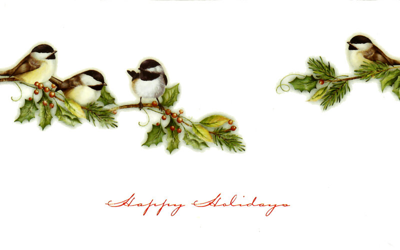 Chickadees on Holly — Green