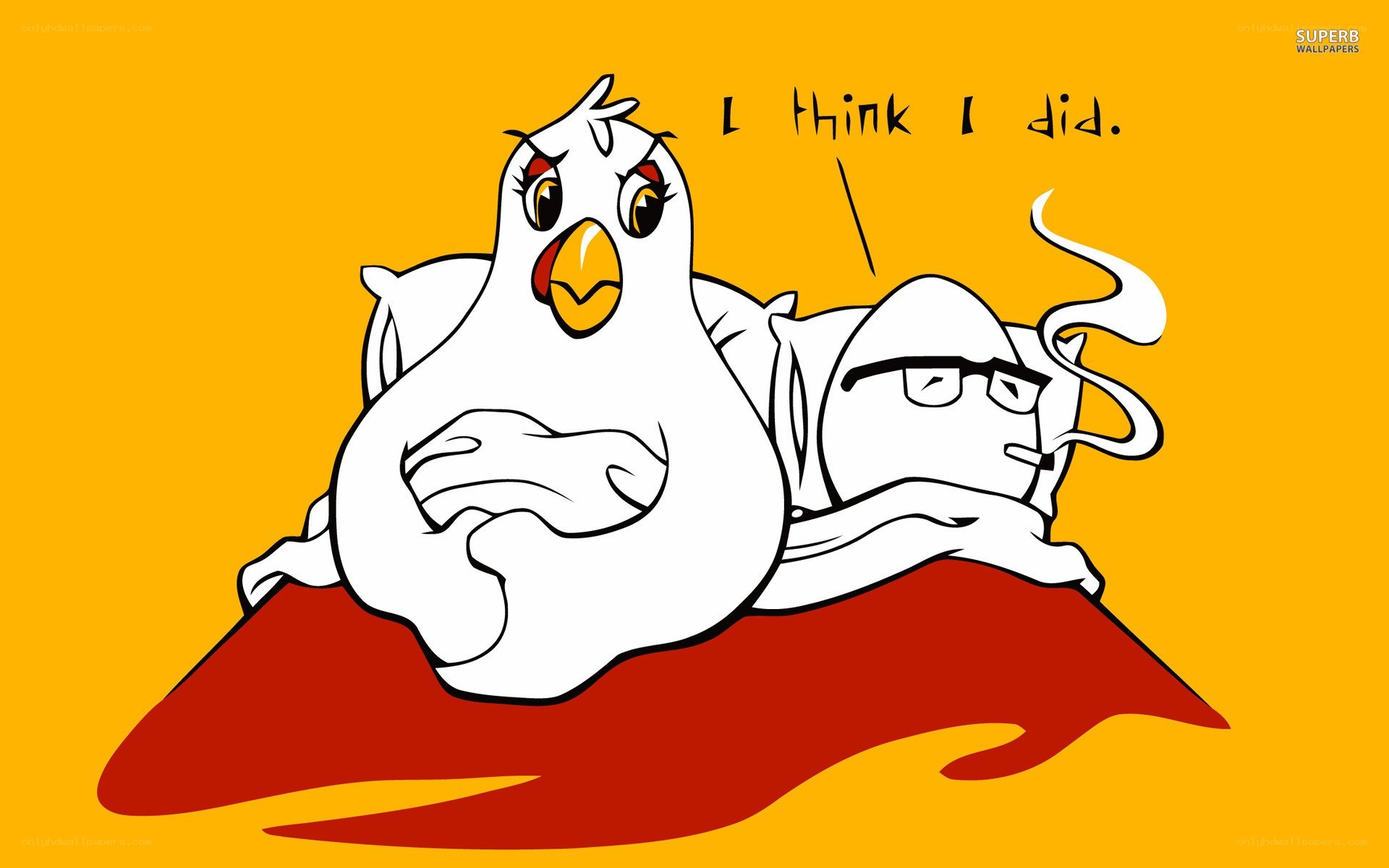 Chicken and ghost on a red blanket