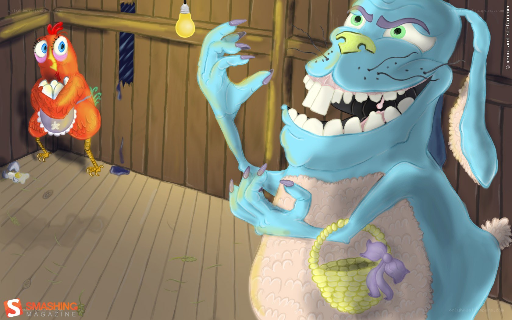 Chicken and monster in barn