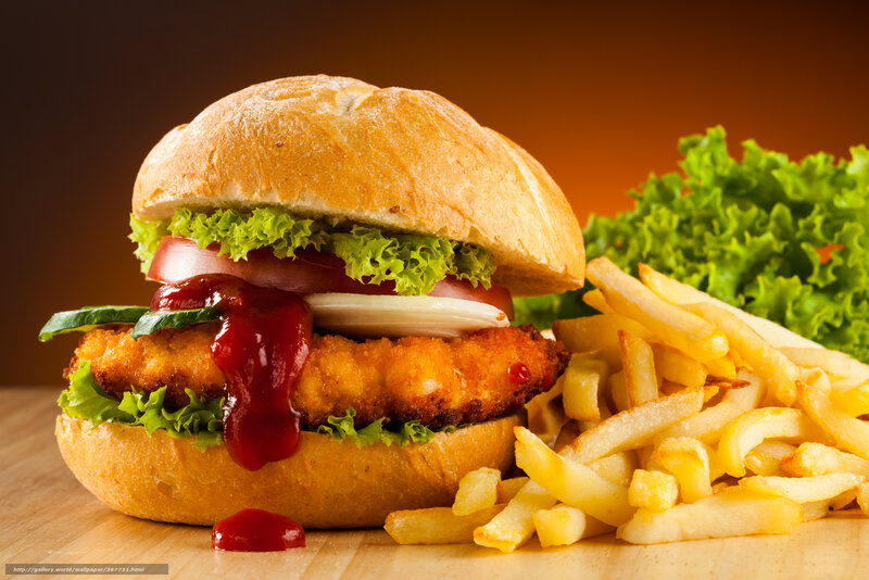 Chicken Burger with Fries — Brown, Appetizing, Photograph, Lettuce, Ketchup