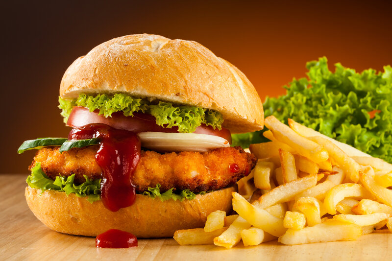 Chicken Burger with Fries — Brown, Appetizing, Photograph