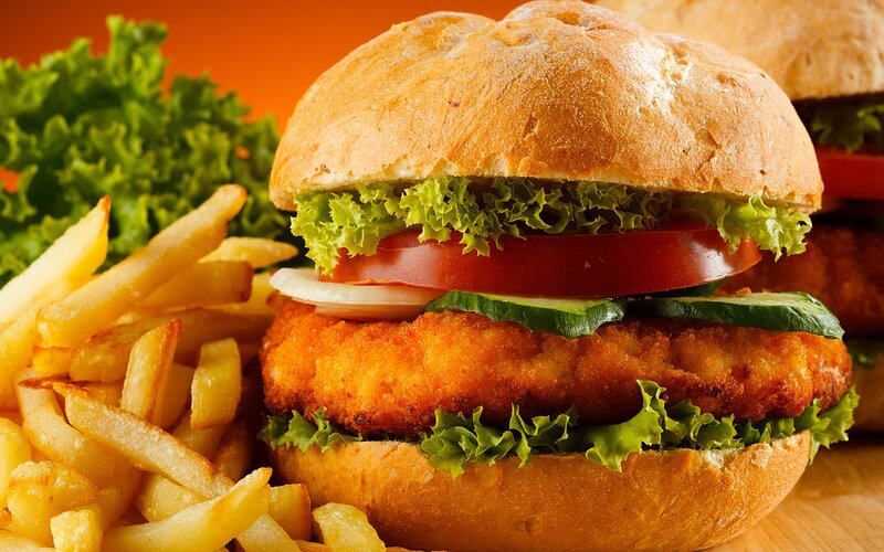 Chicken Burger with Fries — Brown, Appetizing