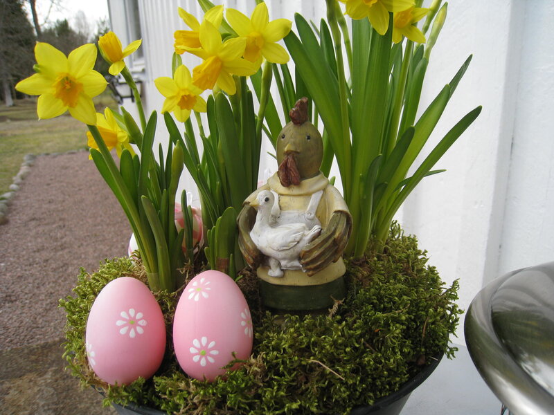 Chicken Figurine with Daffodils