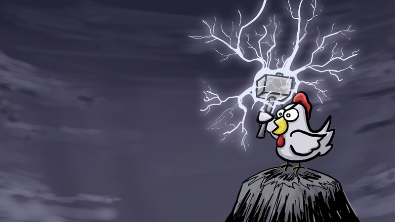 Chicken holding a lightning hammer