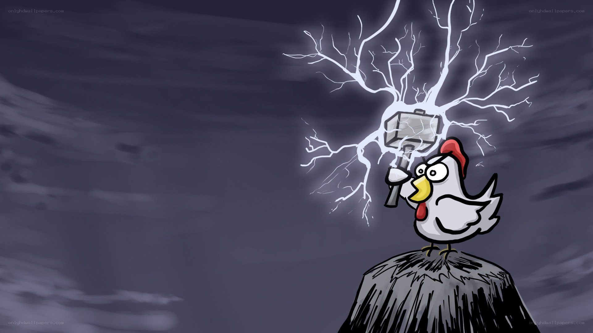 Chicken holding a lightning hammer