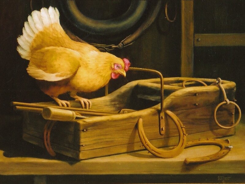 Chicken on a wooden box