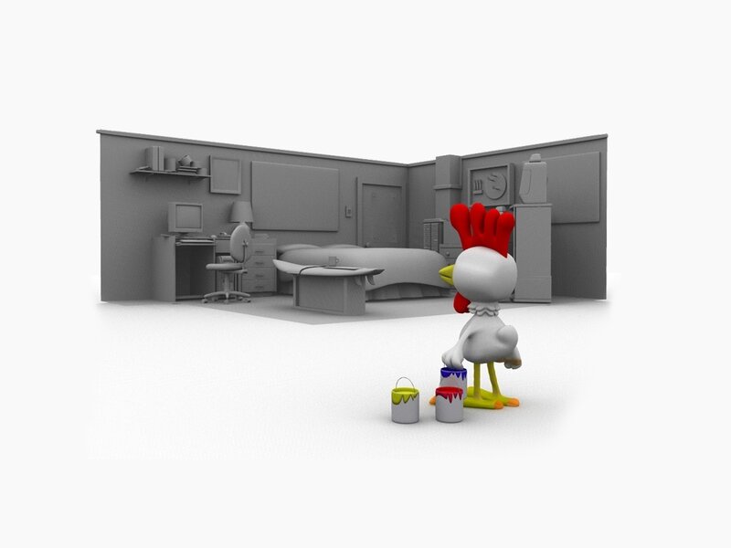 Chicken painting a room