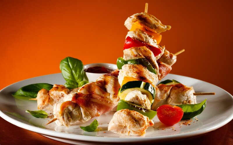 Chicken Skewers on Plate — Orange, Appetizing, Photograph