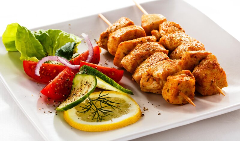 chicken skewers with salad