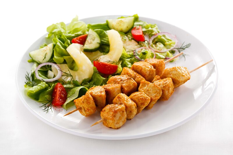 Chicken Skewers with Salad — White, Fresh, Photograph, Lettuce, Tomato