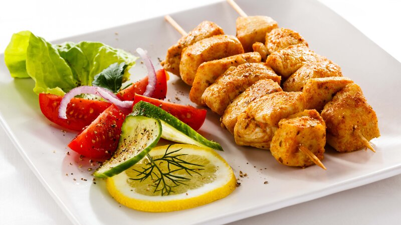 Chicken Skewers with Salad — White, Fresh, Photograph, Tomatoes, Cucumber