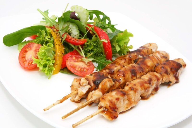 Chicken Skewers with Salad — White, Fresh, Photograph, Tomatoes, Lettuce