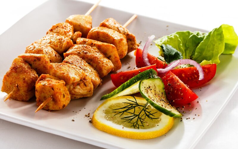 Chicken Skewers with Salad — White, Fresh, Photograph, Tomatoes