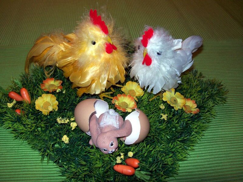 Chickens and Bunny in Nest