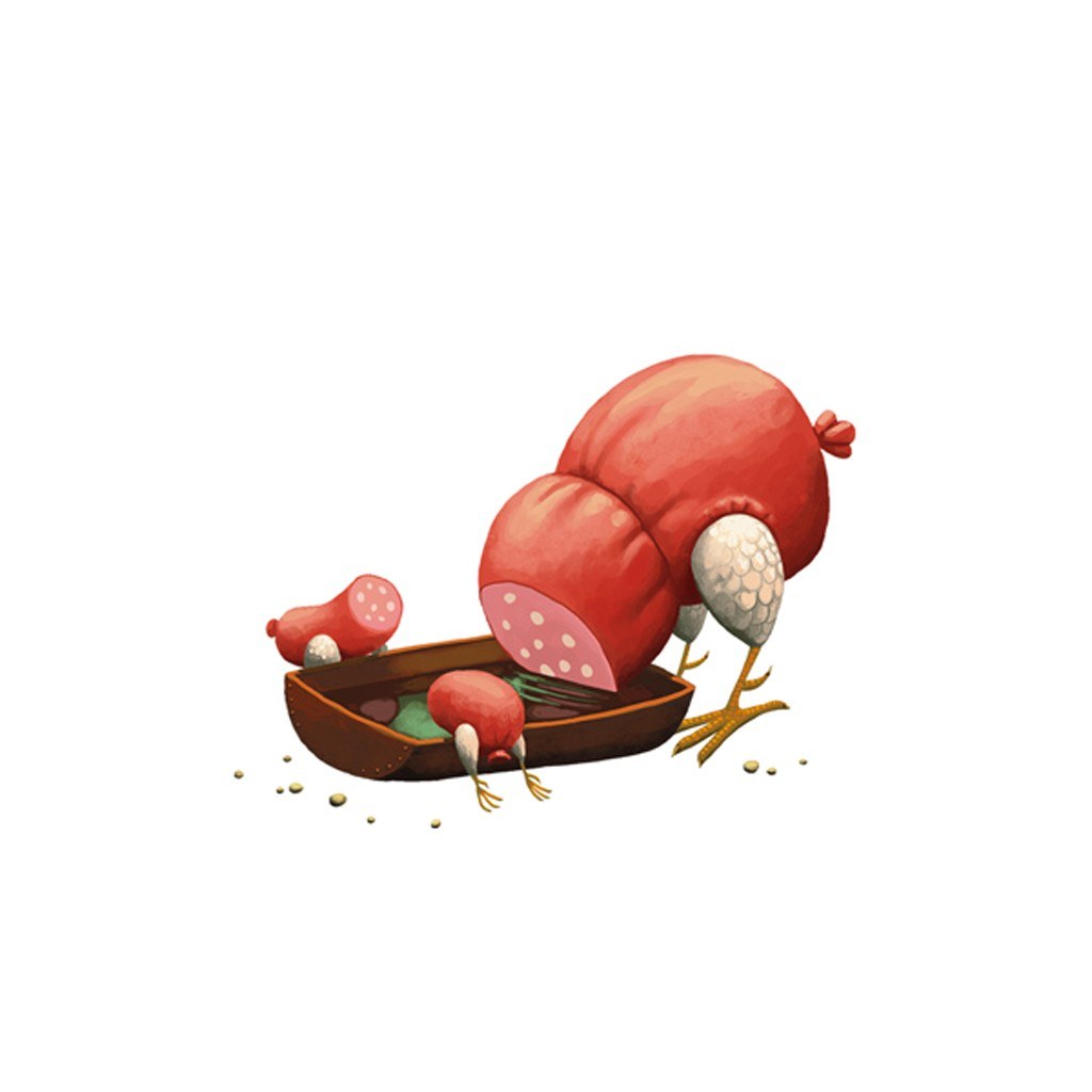 chickens eating sausages