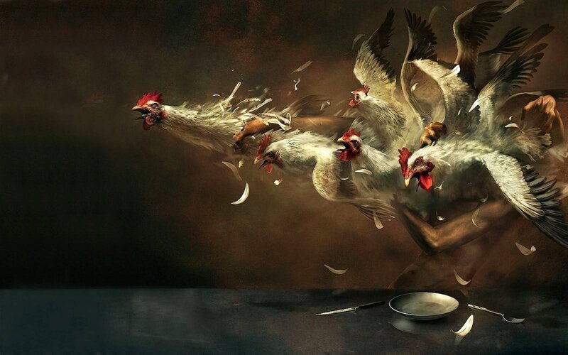 Chickens Flying from Table