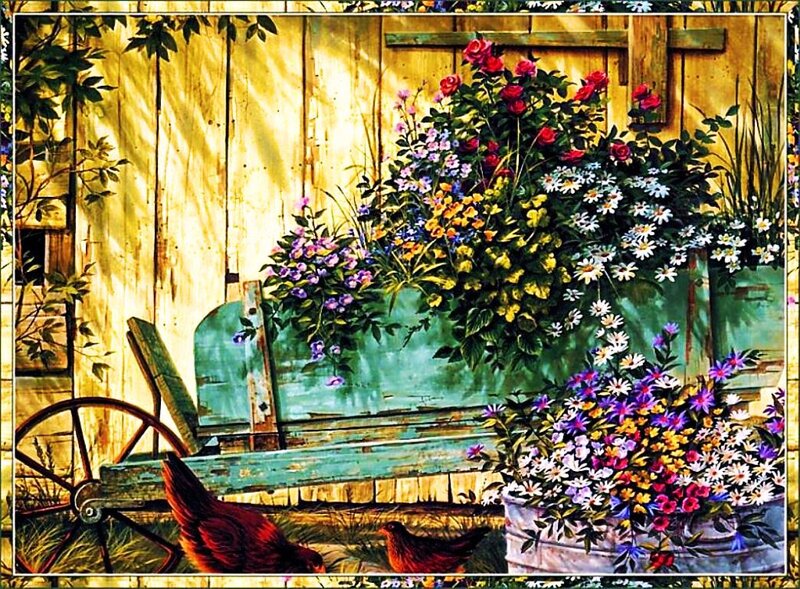 Chickens in Garden — Green, Serene, Afternoon, Painting