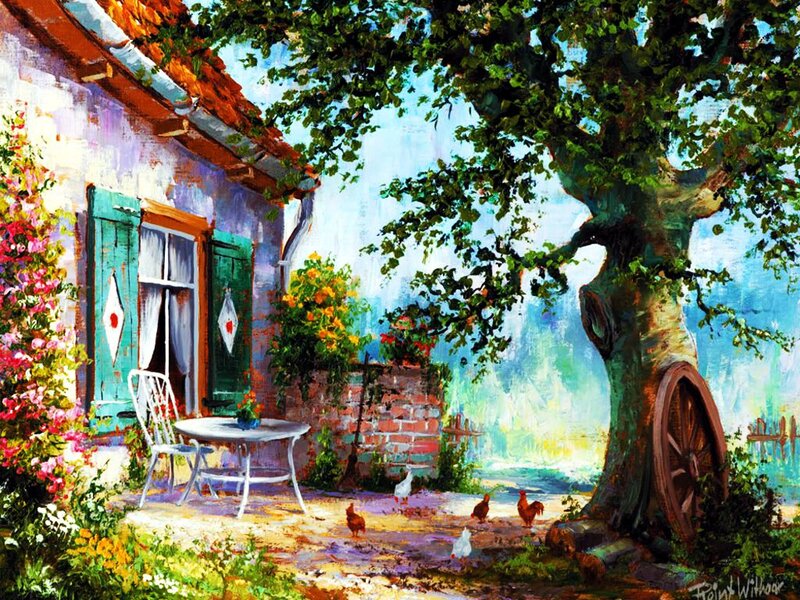 Chickens in Garden — Green, Serene, Afternoon, Painting, Tree