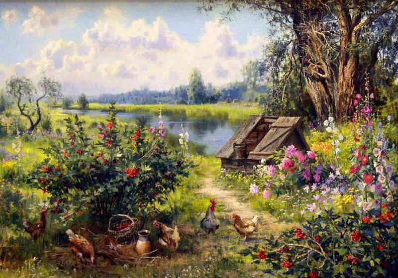Chickens in Garden — Green, Serene, Afternoon
