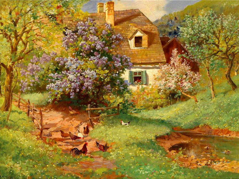 Chickens in Garden — Green, Serene, Spring
