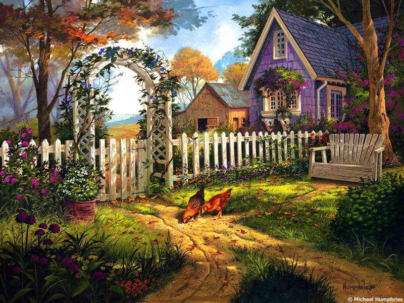 Chickens in Garden — Purple, Serene, Afternoon